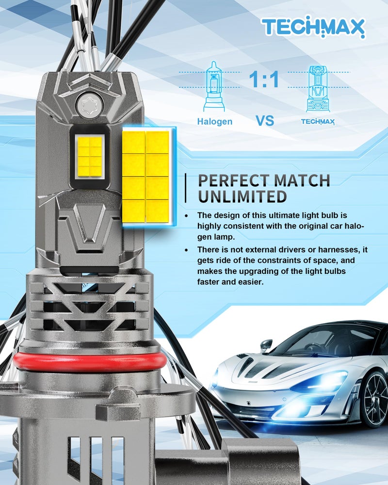 TECHMAX H11/H9/H8 9005/HB3 Bulbs Combo - 800% Brighter 6500K, Xenon White with Cooling Fan, 1:1 Size Front Light Bulbï¼ŒFog Light Bulb, Pack of 4 - Image 3